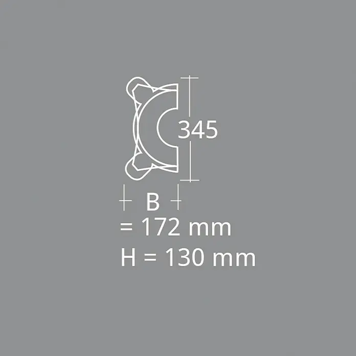 Dekoelement Halbsäule Kapitell D1/H - 17,2 x 13 cm - Abmessungen eines Eckprofils mit einer Höhe von 130 mm und einer Breite von 172 mm, dargestellt in einer technischen Zeichnung.