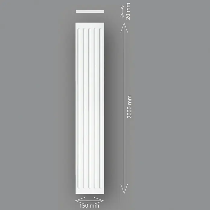 Wandelement Pilaster HP 15 - 200 x 15 x 2 cm, Expandiertes Polystyrol (EPS) - Produktabbildung eines weißen Zierelements mit den Maßen 2000 mm Länge, 150 mm Breite und 20 mm Dicke.