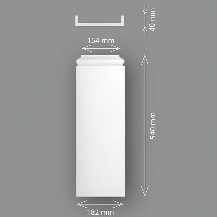 Wandelement Pilaster-Fuß HFP 15 - 54 x 18,2 x 4 cm, Expandiertes Polystyrol (EPS) - Das Bild zeigt ein weißes Wandpaneel mit den Maßen 182 mm x 540 mm und einem oberen Aufsatz von 154 mm x 40 mm auf grauem Hintergrund.