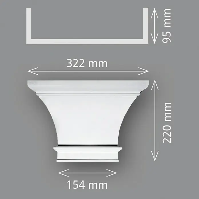 Wandelement Pilaster-Kopf HKP 15 G - 32,2 x 22 x 9,5 cm, Expandiertes Polystyrol (EPS) - Abbildung einer weißen Pilasterkonsole mit den Maßen 322 mm breit, 220 mm hoch und 154 mm tief.