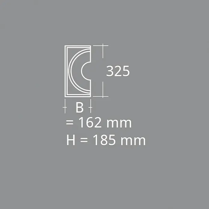 Dekoelement Halbsäule Kapitell IG/H - 16,2 x 18,5 cm, Expandiertes Polystyrol (EPS) - Abbildung eines stilvollen Eckprofils mit den Maßen B=162mm, H=185mm und einer Tiefe von 325mm, ideal für architektonische Details und Innenausstattung.