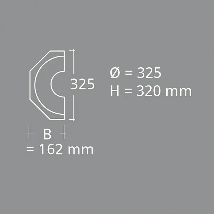 Dekoelement Halbsäule-Fuß HS22 F/H - 16,2 x 32 cm, Expandiertes Polystyrol (EPS) - Eine technische Zeichnung eines viertelkreisförmigen Bauelements mit Bemaßungen.