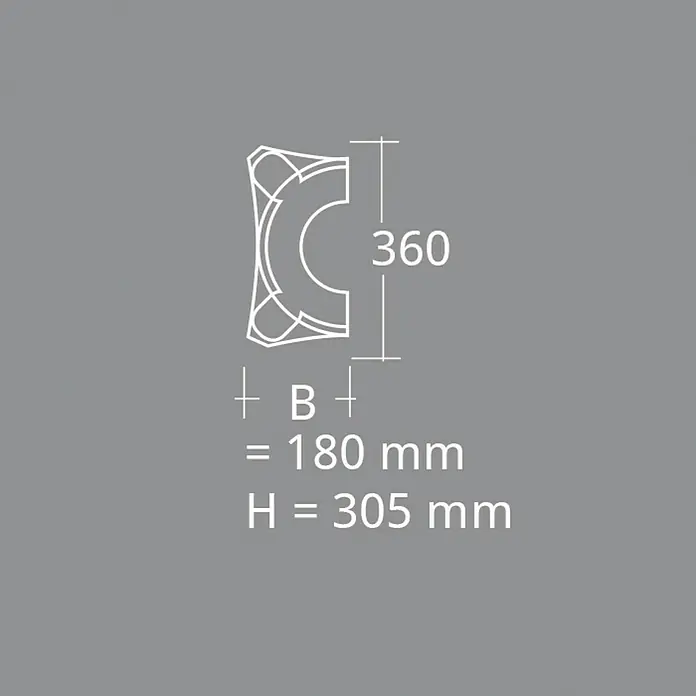 Dekoelement Halbsäule Kapitell D2/H - 18 x 30,5 cm, Expandiertes Polystyrol (EPS) - Produktbild eines Hockerprofils mit den Maßen 360 mm Höhe, B=180 mm und H=305 mm.