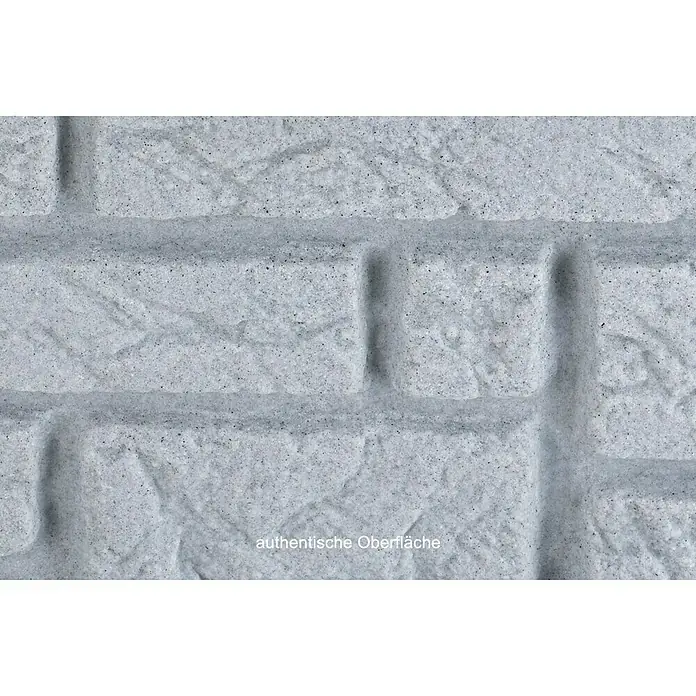 Arves Regenspeicher Maurano - 300 l, Granitfarben, 1 Stk. - Nahaufnahme einer weißen Ziegelwand mit dem Text "authentische Oberfläche", die die Textur der Oberfläche hervorhebt.