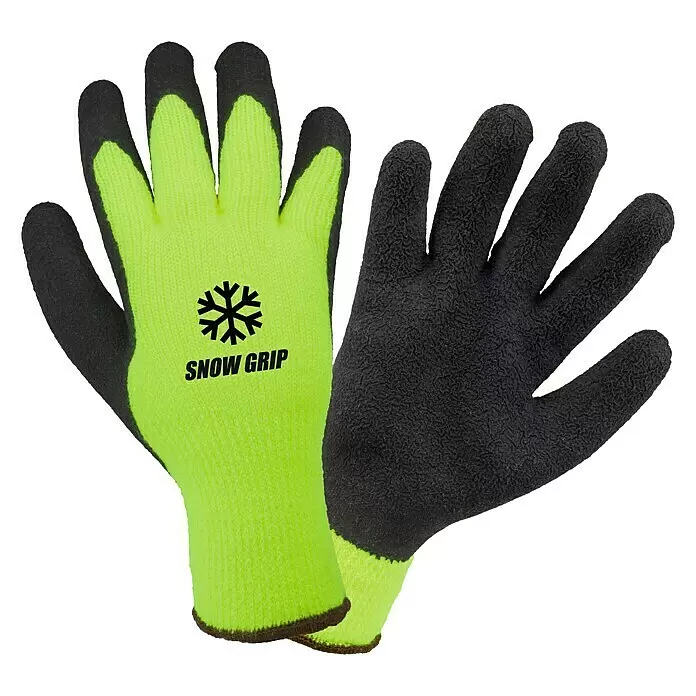 Scheibler Arbeitshandschuhe Workpower Grip Neongrün - Neongrün, 10 - Zwei neongelbe und schwarze Arbeitshandschuhe, einer mit „SNOW GRIP“-Logo und Schneeflocke, mit strukturierten schwarzen Handflächen und Fingerspitzen.