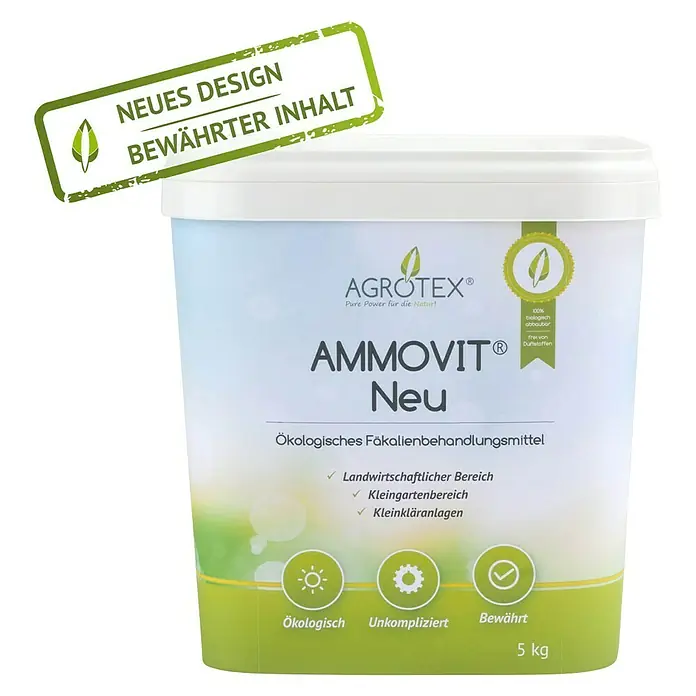 Agrotex Fäkalien-Behandlungsmittel Ammovit - 5 kg - Das Produkt ist ein AMMOVIT® Neu, ein ökologisches Fäkalienbehandlungsmittel von AGROTEX®, verpackt in einem weißen Eimer mit grünem Aufdruck.