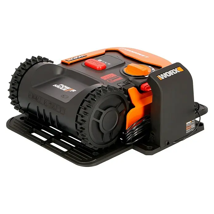 Worx PowerShare 20V Robot cortacésped Landroid M500 - 500 m², Ancho de corte: 18 cm, Navegación por inducción, Cable de antena - Primer plano de un robot cortacésped WORX Landroid sobre una base.