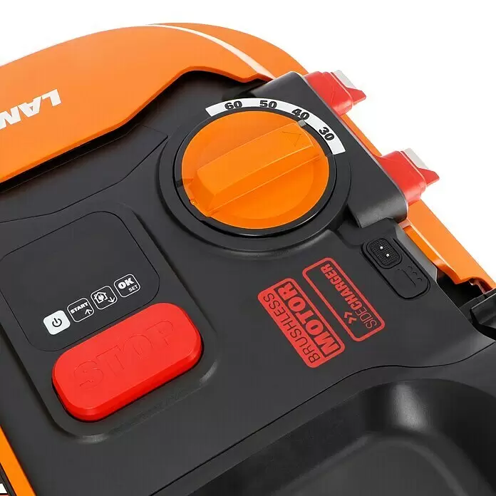 Worx PowerShare 20V Robot cortacésped Landroid M500 - 500 m², Ancho de corte: 18 cm, Navegación por inducción, Cable de antena - Panel de control naranja y negro de robot cortacésped, con botón STOP rojo y dial naranja de ajuste de altura (30-60mm).