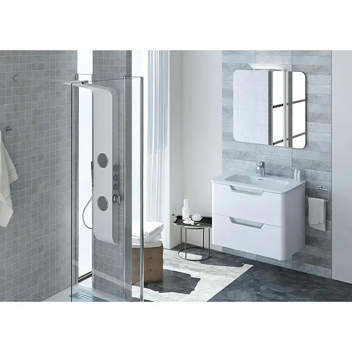 Beauty Waschtischunterschrank - 79,5 x 45 x 56,5 cm, Hochglanz, Weiß - Ein modernes Badezimmer mit einer weißen Waschtischkombination mit Schubladen und einem passenden Spiegelschrank über dem Waschbecken.