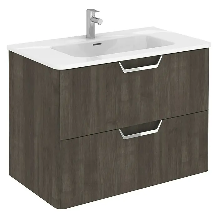 Beauty Waschtischunterschrank - 79,5 x 45 x 56,5 cm, Matt, Samara Asche - Waschtischunterschrank mit zwei Schubladen und Aufsatzwaschbecken. Das Badmöbel in Holzoptik verfügt über silberne Griffe.