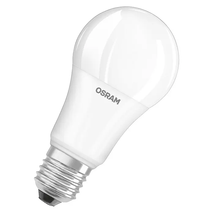 Osram Set de bombillas LED - E27, No regulable, Blanco cálido, 1.521 lm, 13 W, 3 ud. - Bombilla LED Osram con base E27 sobre un fondo negro. La bombilla es blanca y tiene un diseño moderno.