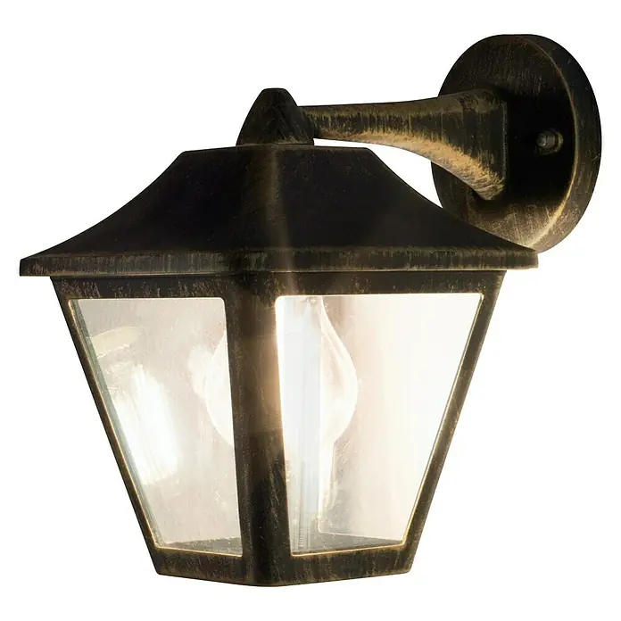 Osram Endura Classic Außenwandleuchte Tradition - Hängend, 23 x 17 x 23 cm, Schwarz, IP44 - Nahaufnahme einer klassischen Wandlaterne mit einem warmen Licht, ideal für den Außenbereich und zur stilvollen Beleuchtung von Hauswänden.