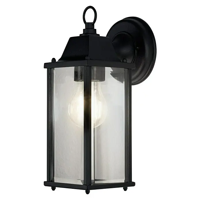 Osram Außenwandleuchte - 150 x 10,5 x 293 cm, Aluminum, IP23 - Nahaufnahme einer stilvollen schwarzen Außenwandleuchte mit klarem Glasgehäuse und warmem Licht, ideal für die Beleuchtung von Hauseingängen.