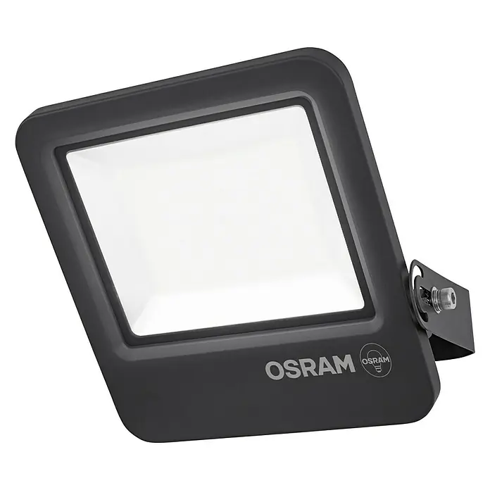 Ledvance LED-Strahler - 100 W - Nahaufnahme eines schwarzen OSRAM LED-Strahlers mit hellem Licht und robustem Design für den Außenbereich.