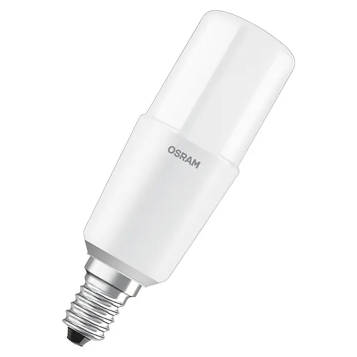 Osram Star LED-Lampe Stick - E14, Nicht Dimmbar, Kaltweiß, 806 lm, 8 W - Nahaufnahme einer OSRAM LED-Lampe mit E14 Sockel, die für energieeffiziente Beleuchtung sorgt und ein modernes Design aufweist.