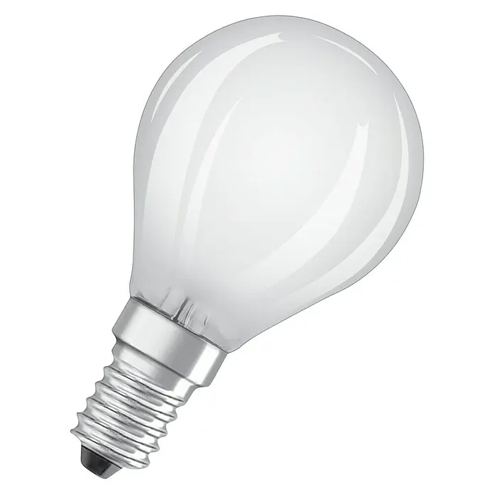 Osram Retrofit LED-Lampe Tropfenform E14 matt - E14, Nicht Dimmbar, Warmweiß, 136 lm, 1,5 W - Nahaufnahme einer matten Glühbirne mit kleinem Sockel auf schwarzem Hintergrund. Ideal für stimmungsvolle Beleuchtung.