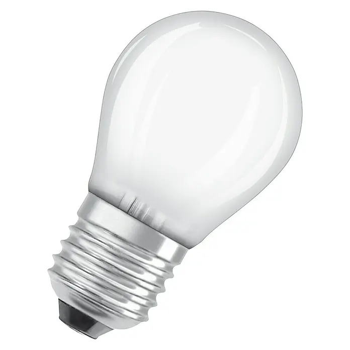 Osram Retrofit LED-Lampe Classic P 60 - E27, Nicht Dimmbar, Warmweiß, 806 lm, 7 W - Nahaufnahme einer matten, kugelförmigen Glühbirne mit einem silbernen Schraubsockel vor einem schwarzen Hintergrund.