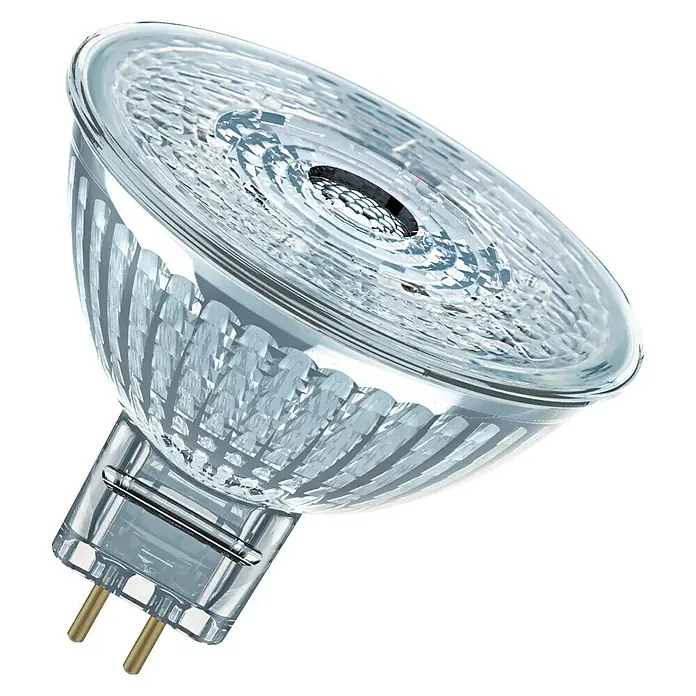 Osram LED-Lampen-Set Pin G4 MR16 - GU5,3, Nicht Dimmbar, Warmweiß, 350 lm, 4,6 W, 2 Stk. - Nahaufnahme einer MR16-Halogenlampe mit klarem Glasgehäuse und zwei Stiften am Sockel vor einem schwarzen Hintergrund.