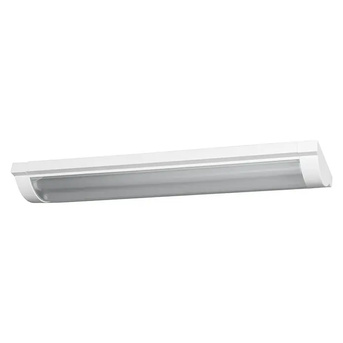 Ledvance LED-Deckenleuchte Office Line - 25 W, L x B x H: 59,5 x 13,4 x 4,6 cm, Weiß - Nahaufnahme einer weißen, länglichen LED-Deckenleuchte, ideal für Büros oder Garagen, auf schwarzem Hintergrund.