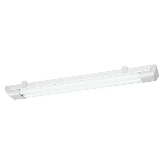 Osram LED-Lichtleiste Power Batten - L x B x H: 60 x 8,2 x 4,8 cm, Lichtfarbe: Warmweiß, 24 W, 220 V - 240 V - Eine weiße LED-Röhrenleuchte mit Endkappen und Befestigungsclips vor einem schwarzen Hintergrund.