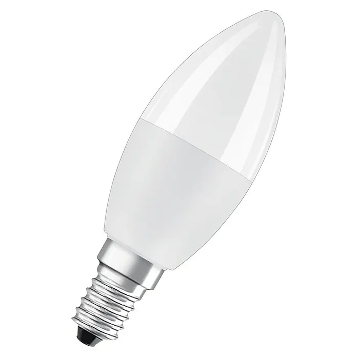 Osram Star LED-Lampe CLB40 - E14, Dimmbar, RGBW, 250 lm, 5,5 W - Diese Aufnahme zeigt eine LED-Lampe in Kerzenform mit einem E14 Sockel, ideal für dekorative Beleuchtung und Energieeffizienz.