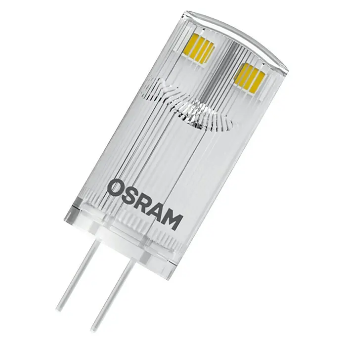 Osram Star LED-Lampen Set Pin G4 MR16 - G4, Nicht Dimmbar, Warmweiß, 100 lm, 0,9 W, 3 Stk. - Nahaufnahme einer Osram LED Lampe mit klarem Gehäuse und zwei Stiften. Ideal für energiesparende Beleuchtung im Innenbereich.