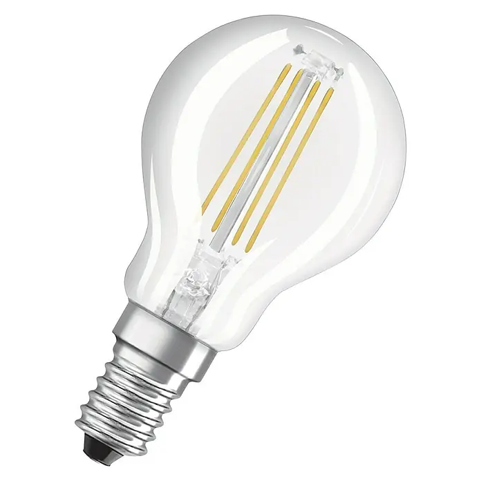 Osram Superstar LED-Lampe Tropfenform E14 klar - E14, Dimmbar, Warmweiß, 806 lm, 6,5 W - Nahaufnahme einer matten LED-Filamentlampe mit E14-Sockel, die warmweißes Licht ausstrahlt und Energieeffizienz bietet.