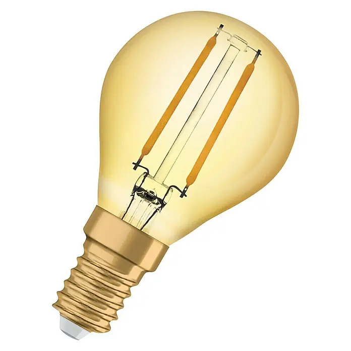 Osram LED-Lampe Vintage Edition 1906 Tropfenform E14 - E14, Nicht Dimmbar, Warmweiß, 220 lm, 4 W - Nahaufnahme einer dekorativen Osram LED-Filament-Lampe mit warmweißem Licht und goldfarbenem Sockel vor schwarzem Hintergrund.