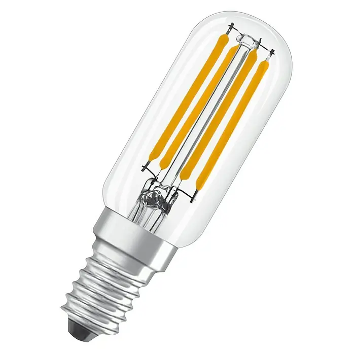 Osram LED-Lampe Special T26 - E14, Nicht Dimmbar, Warmweiß, 470 lm, 4 W - Nahaufnahme einer röhrenförmigen LED-Lampe mit klarem Glasgehäuse und silberfarbenem Sockel vor schwarzem Hintergrund.