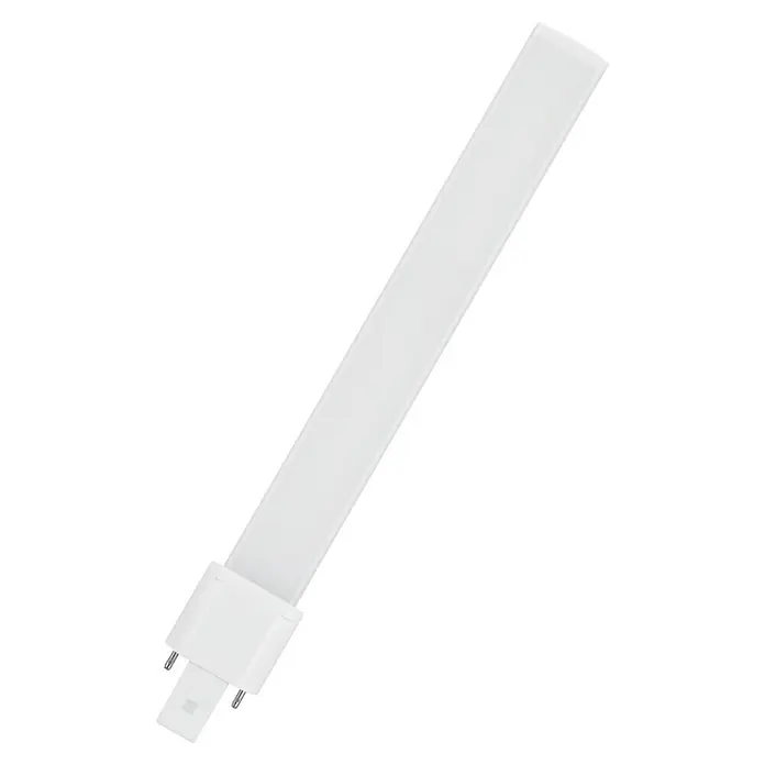 Osram Dulux S LED-Lampe - G23, Nicht Dimmbar, Warmweiß, 630 lm, 6 W - Nahaufnahme einer weißen LED-Lampe mit Stiftsockel auf schwarzem Hintergrund. Sie ist energieeffizient und langlebig, ideal für verschiedene Beleuchtungsanwendungen.