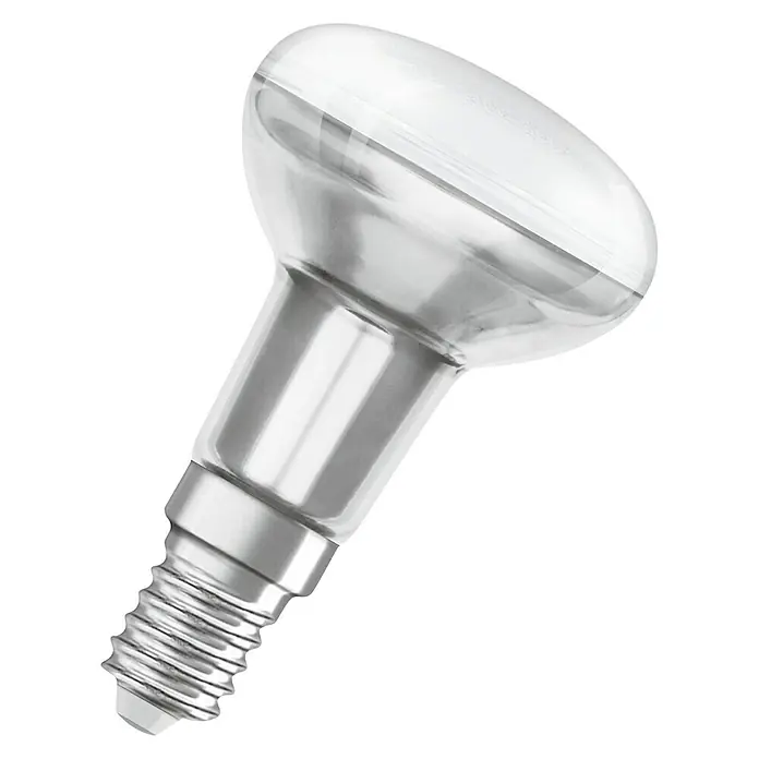 Osram Superstar LED-Lampe - E14, Dimmbar, Warmweiß, 345 lm, 5,9 W - Nahaufnahme einer R39 Reflektorlampe mit E14 Schraubsockel vor schwarzem Hintergrund, die Licht und Innovation vereint.