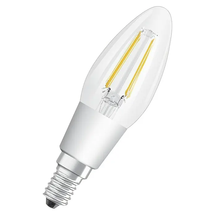 Osram Superstar LED-Lampe CLB40 Glow Dim - E14, Dimmbar, Warmweiß, 470 lm, 4,5 W, Lampenform: Kerze - Nahaufnahme einer LED-Filamentlampe im Kerzendesign, ideal für dekorative Beleuchtung und Energieeinsparung.
