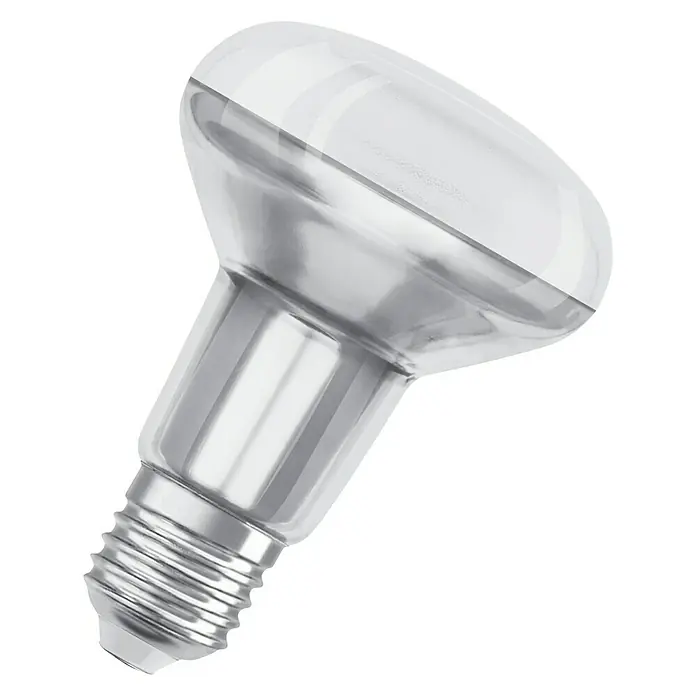 Osram Superstar LED-Lampe Reflektor GU10 - E27, Dimmbar, Warmweiß, 345 lm, 5,9 W - Nahaufnahme einer LED-Reflektorlampe auf schwarzem Hintergrund, die energieeffizientes Lichtdesign und moderne Beleuchtungslösungen zeigt.