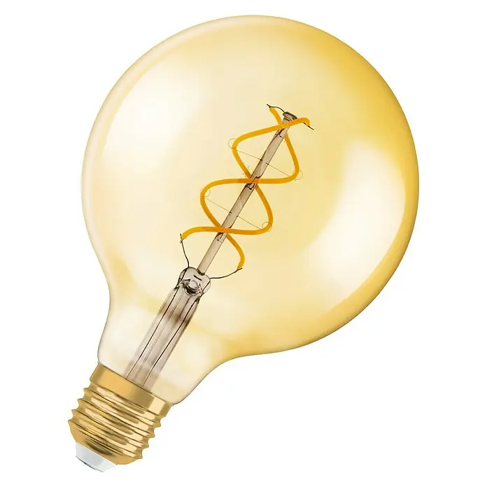 Osram LED-Lampe Vintage Edition 1906 Globe-Form E27 - E27, Nicht Dimmbar, Warmweiß, 250 lm, 5 W, G125 - Nahaufnahme einer LED-Glühbirne mit bernsteinfarbenem Glas und Wendelglühfaden, die ein warmes, einladendes Licht ausstrahlt.