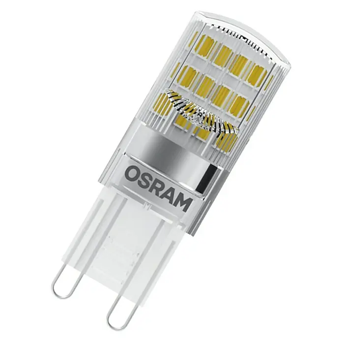 Osram Star LED-Lampen Set Pin G9 - G9, Nicht Dimmbar, Warmweiß, 200 lm, 1,9 W, 2 Stk. - Nahaufnahme einer Osram LED Lampe mit klarem Design und der Aufschrift "OSRAM", ideal für moderne Beleuchtungslösungen.