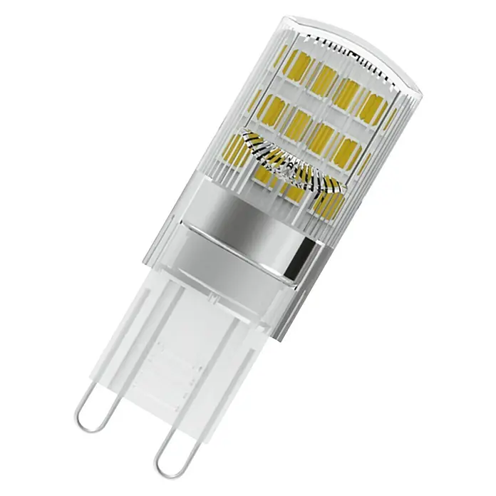 Osram Star LED-Lampen Set Pin G9 - G9, Nicht Dimmbar, Warmweiß, 200 lm, 1,9 W, 3 Stk. - Nahaufnahme einer G9 LED Lampe mit Stiftsockel, energiesparende Alternative für traditionelle Halogenlampen, ideal für moderne Beleuchtung.