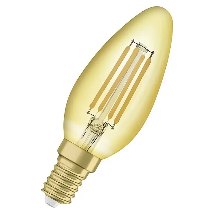 Osram LED-Lampe Vintage Edition 1906 Tropfenform E14 - E14, Nicht Dimmbar, Warmweiß, 410 lm, 4 W - Nahaufnahme einer bernsteinfarbenen LED-Filament-Glühbirne im Kerzenstil mit E14-Sockel, die warmes, einladendes Licht ausstrahlt.