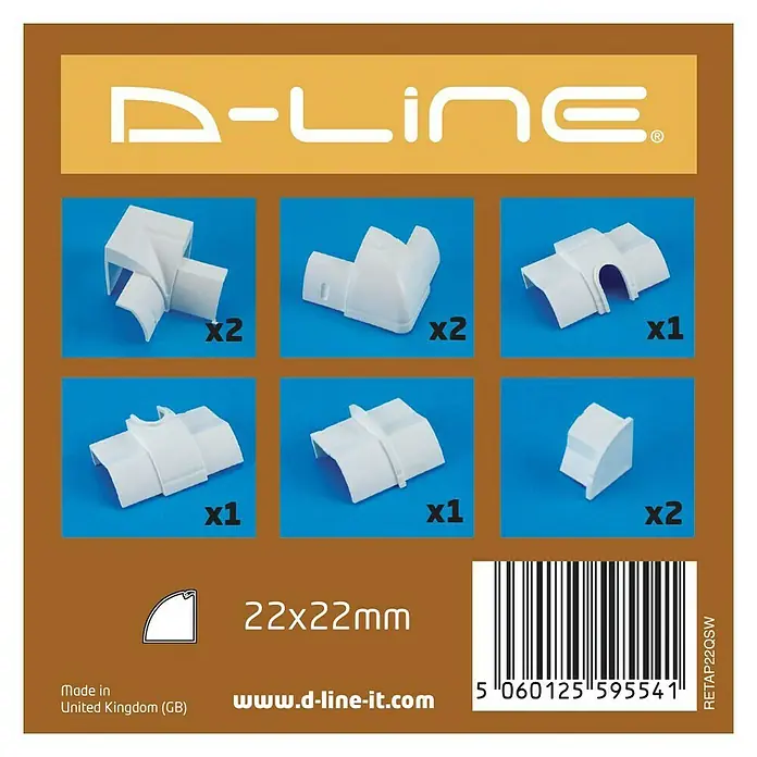 D-Line Kabelkanal-Zubehörkit - Weiß, Passend für: D-Line Kabelkanal 22 x 22 mm - D-Line 22x22mm Kabelführungssystem, bestehend aus Eckstücken, Innen- und Außenwinkeln, sowie Verbindungsstücken für eine saubere Kabelinstallation.