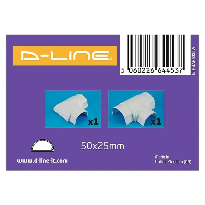 D-Line Kabelkanal-Zubehörkit - Weiß, Passend für: D-Line Kabelkanal 50 x 25 mm - Produktverpackung von D-Line mit weißen Kabelkanal-Eckverbindungen und T-Stücken, ideal für Kabelmanagement.