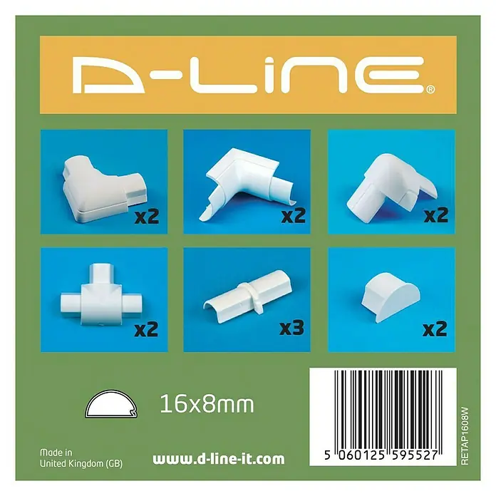 D-Line Kabelkanal-Zubehörkit - Weiß, Passend für: D-Line Kabelkanal 16 x 8 mm - D-Line 16x8mm Kabelkanal-Zubehörpackung mit verschiedenen Eck-, T-Stück- und Verbindungsstücken zur ordentlichen Kabelinstallation.