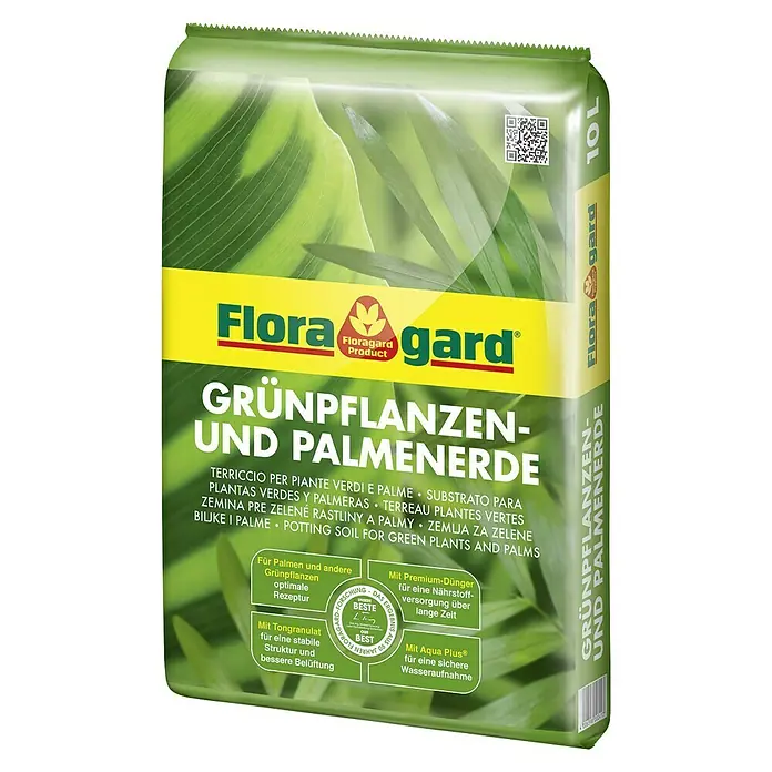 Floragard Grünpflanzen- & Palmenerde - 10 l - Ein Sack Flora Gard Grünpflanzen- und Palmenerde, ideal für die Bepflanzung von Grünpflanzen und Palmen im Haus oder im Garten.