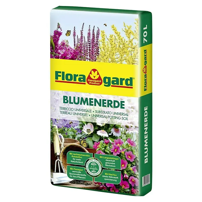 Floragard Blumenerde - 70 l - Ein Sack Blumenerde der Marke Floragard, 70L. Ideal für das Pflanzen und Umtopfen von Blumen und Pflanzen im Garten oder auf dem Balkon.