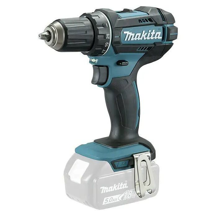 Makita LXT 18V Akku-Bohrschrauber DDF482Z + Artikelnr. 33855482 hinzufügen* - 18 V, Ohne Akku - Abbildung eines Makita Akku-Bohrschraubers mit einem schwarzen Griff und einem teilweise transparenten Akku.