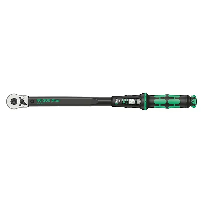 Wera Drehmomentschlüssel Click-Torque C 3 - Antriebsgröße: ½″ Vierkant, Einstellungsbereich: 40 Nm - 200 Nm - Wera Drehmomentschlüssel mit grüner Griff und schwarzem Korpus, optimal zum präzisen Anziehen von Schrauben und Muttern im Bereich von 40-200 Nm.