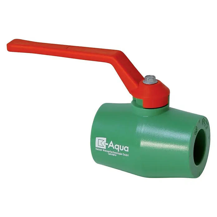 Schweiß-Kugelhahn - Nennweite Rohr: DN 25, Polypropylen - Grüner Kessel Aqua Kugelhahn mit rotem Griff. Das Logo von Kessel Wassertechnologie GmbH ist auf dem Gehäuse sichtbar.