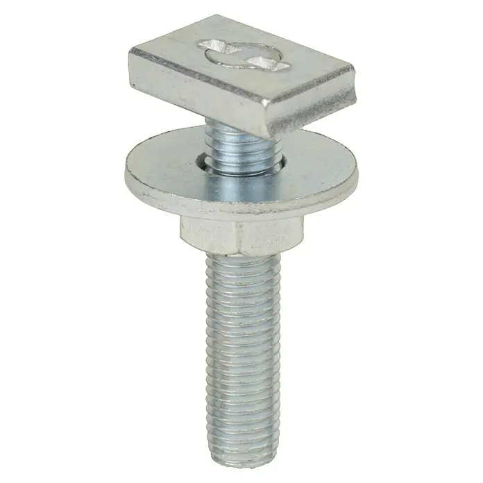 UBB Hammerkopfbefestiger - 10 Stk., Profil: 27/18, M8/60 - Detailaufnahme einer T-Nut Schraube aus Metall, die in der Befestigungstechnik verwendet wird, mit einem quadratischen Kopf und Gewinde.