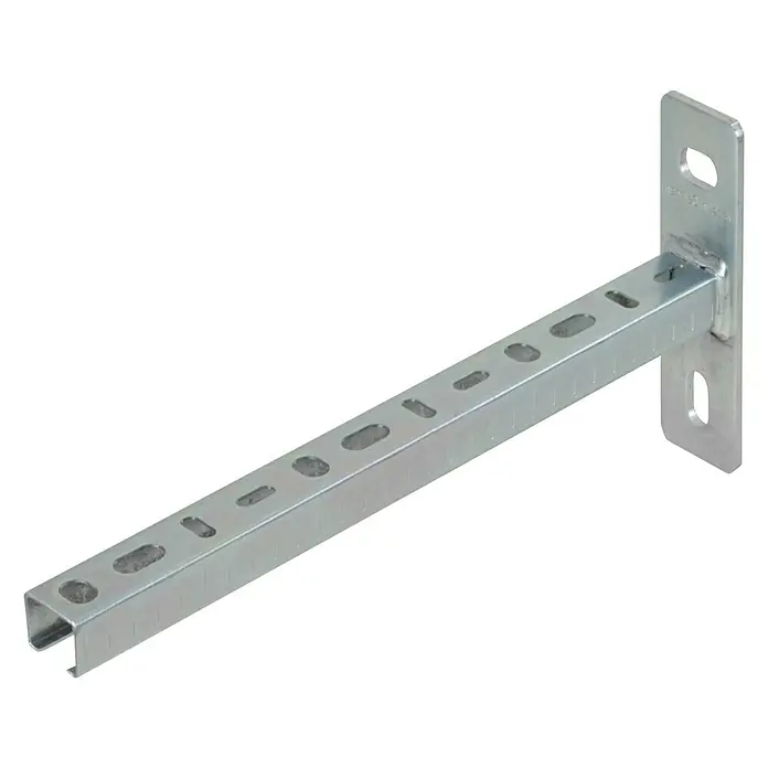UBB Schienenkonsole - Profil: 38/40, Länge: 440 mm - Nahaufnahme einer verzinkten Auslegerkonsole mit Schlitzmuster für vielseitige Befestigungsmöglichkeiten. Ideal für industrielle Anwendungen.