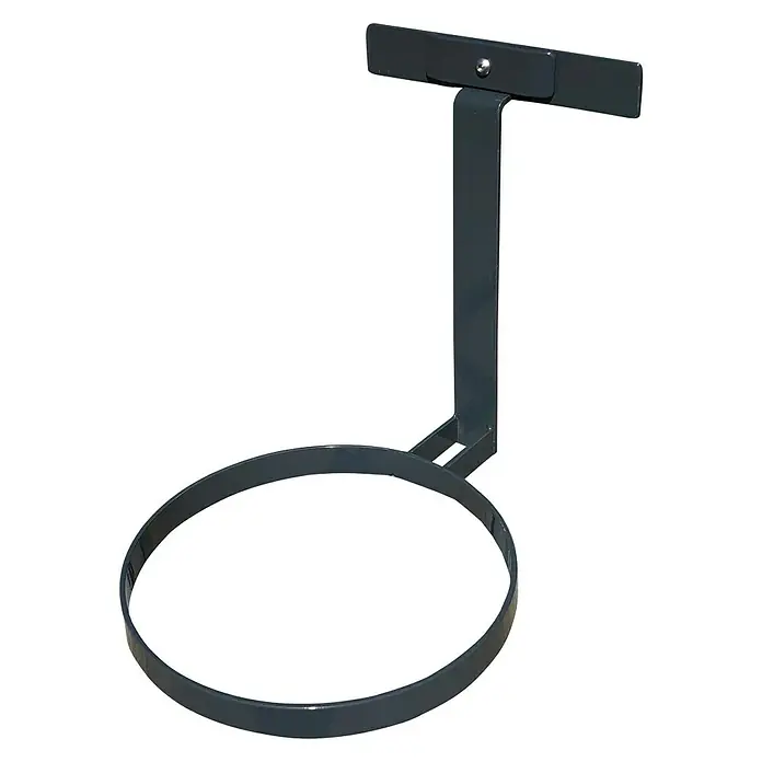 WMT Eindrehhalterung für Futternäpfe - 20 x 20 x 24 cm, Anthrazit - Ein grauer Metallbehälterhalter mit einem T-förmigen Montagebügel zur Wandbefestigung. Ideal für Werkstätten oder Garagen.