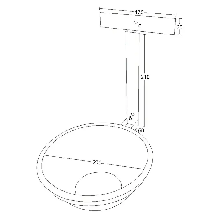 WMT Eindrehhalterung für Futternäpfe - 20 x 20 x 24 cm, Anthrazit - Perspektivische Ansicht eines hängenden Waschbeckens mit Abmessungen.