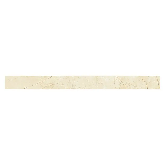 Sockelfliese Mercury - 7 x 80 cm, Crema, Glänzend - Nahaufnahme einer eleganten, länglichen Marmorfliese in sanften Beigetönen, ideal für stilvolle Innenraumgestaltungen und exklusive Wandverkleidungen.